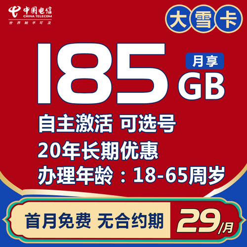 电信大雪卡 29元185G全国流量【20年优惠自选号码】
