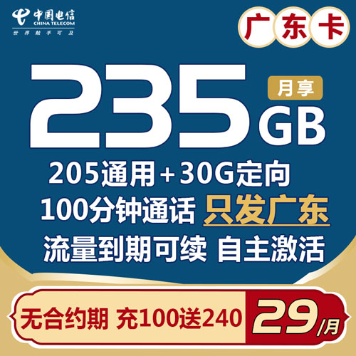 电信广东卡 29元235G流量+100分钟 流量到期自动续约【自主激活】