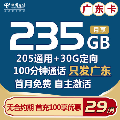 电信广东卡 29元235G全国流量+100分钟 【首月免费】【自主激活】