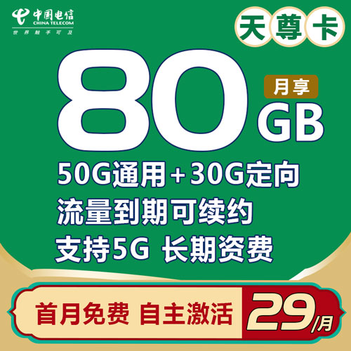 电信天尊卡 29元包80G全国流量【到期可续 自主激活 长期资费】