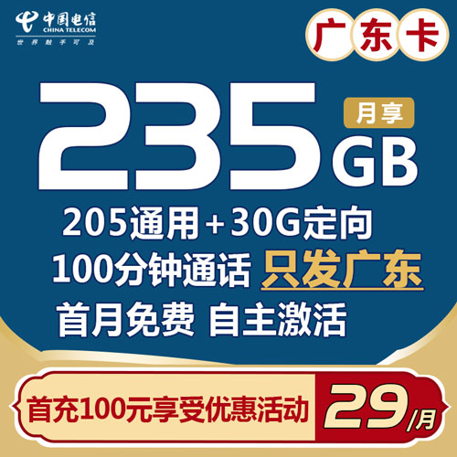 电信广东卡 29元235G流量+100分钟 【首月免费】【自主激活】【仅发广东】