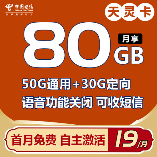 电信天灵卡 19元80G全国流量（无语音功能 自主激活）