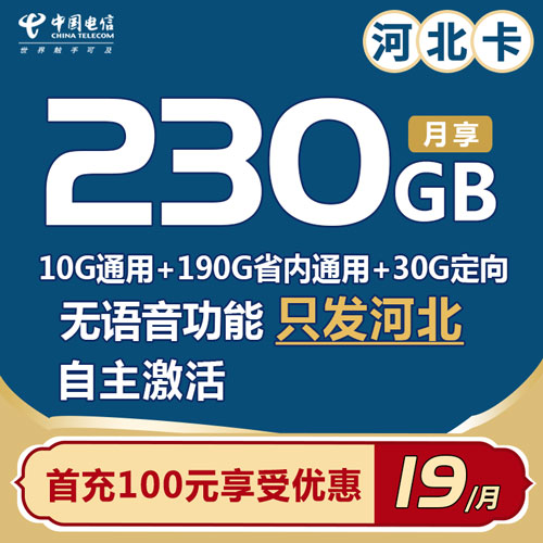电信河北卡 19元230G高速流量（无语音功能，不可发送短信，自主激活）
