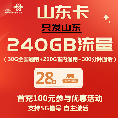 联通山东卡 28元包30G全国通用+210G省内通用+300分钟 仅发山东