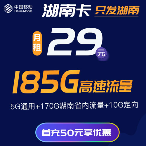 移动湖南卡 29包185G高速流量+100分钟 仅发湖南