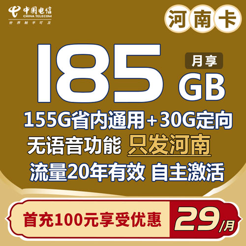 电信河南卡 29元包185G流量（默认关闭语音功能）自主激活 仅发河南省内