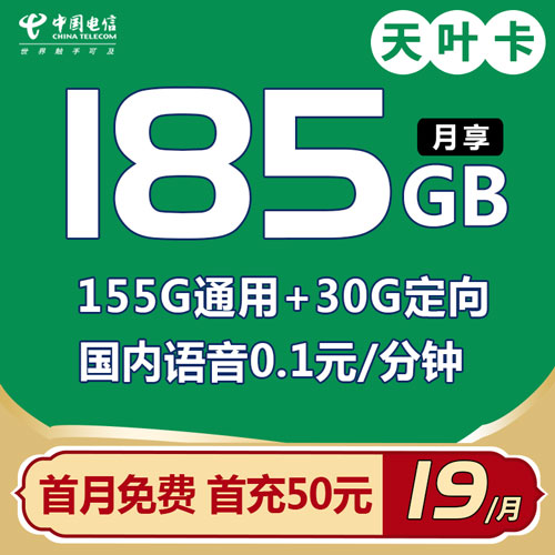 电信天叶卡 19元185G全国流量（155G通用+30G定向） 2年19
