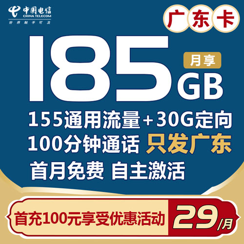 电信广东卡 29元185G流量+100分钟【自主激活】 只发广东