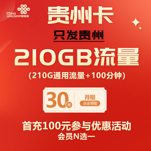 联通贵州卡 30元210G流量+100分钟+会员 只发贵州