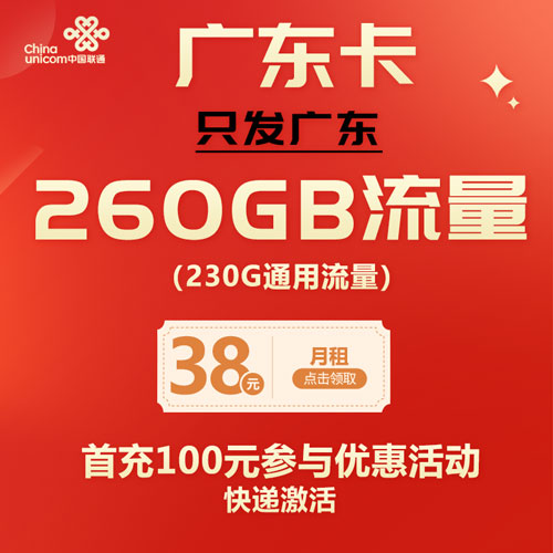 联通广东卡 38元包260G通用流量（仅发广东）
