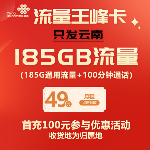 流量王峰卡 49元185G流量+100分钟 收货地为归属地 只发云南