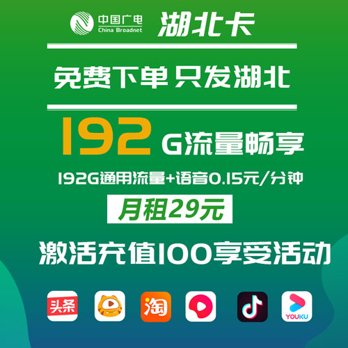 广电湖北卡 29元192G通用流量（仅发湖北）