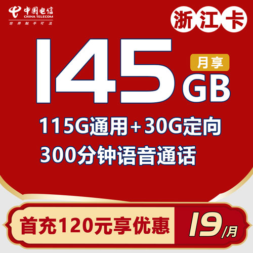 电信浙江卡19元包115G通用流量+30G定向流量+300分钟（仅发浙江）