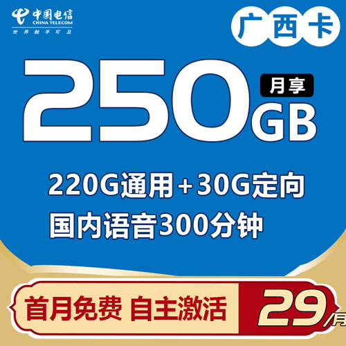 电信广西卡 29元250G流量+300分钟 【自主激活 首月免费】 只发广西